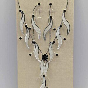 Cascading Metal Mesh Feather Necklace & Earrings Set with Black Rhinestones